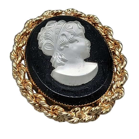 Black & Frosted Glass Cameo Brooch Gold Tone Vintage Victorian Lady Pin - Picture 4 of 14